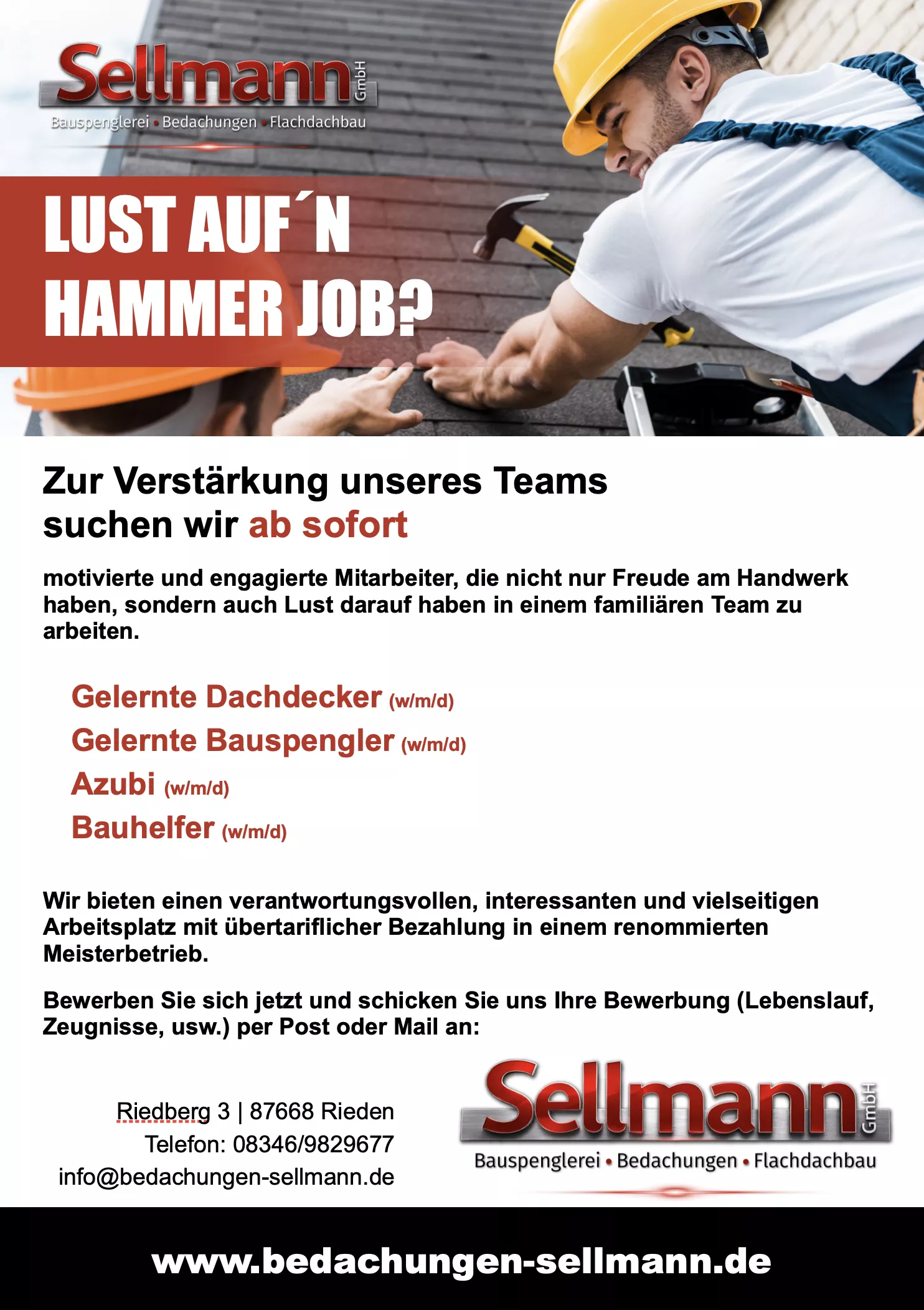 Stellenangebot Sellmann - Gelernte Dachdecker, Gelernte Bauspengler, Azubi und Bauhelfer gesucht